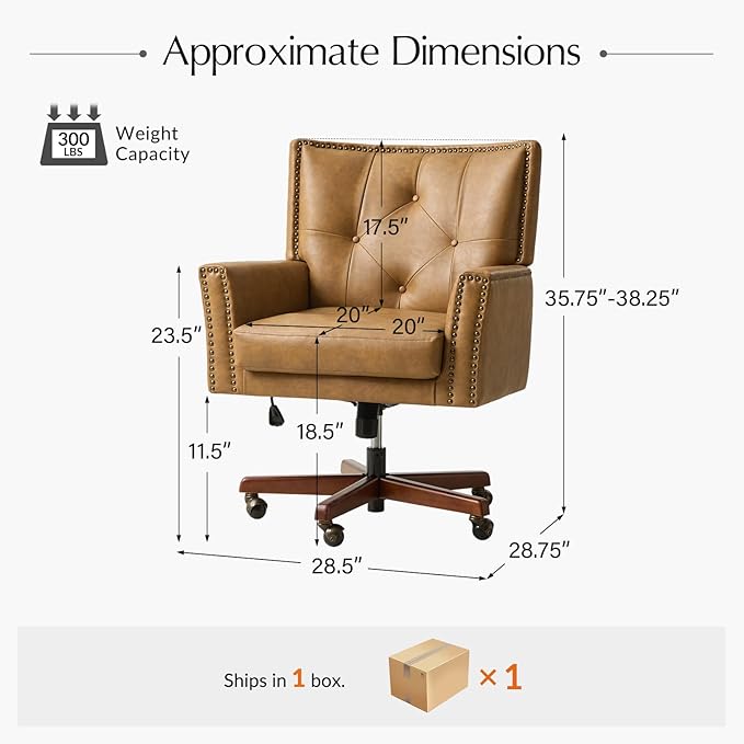 HULALA HOME Modern Home Office Chair with Tilt Lock & Metal Base, Desk Chair with 360° Swivel & Tilt Function, Height Adjustable, Wide Seat Computer Task Chair with Wheels & Padded Cushion, Camel