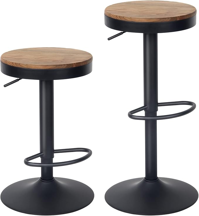 Kidol & Shellder Bar Stools Set of 6 Round Adjustable Swivel Barstools Modern Backless Bar Chairs Wooden Seat Counter Height Stools Armless for Kitchen Island, Cafe, Dining Room Black