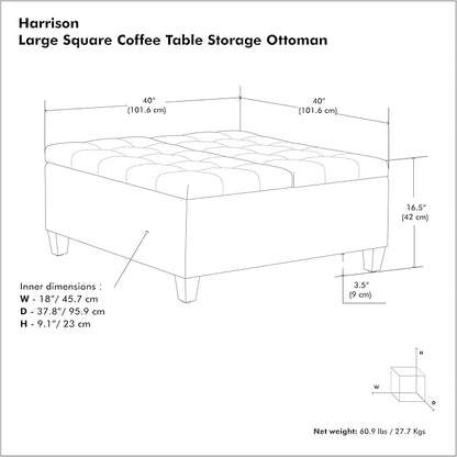 SIMPLIHOME Harrison Large Coffee Table Storage Ottoman - 40 inch Wide Upholstered Linen Look Fabric Square Lift-Top Ottoman in Slate Grey, Transitional Bench for Living Room with Sturdy Base