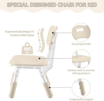Kids Study Table and Chairs Set, Height Adjustable Toddler Table and Chair Set for Kids Ages 3-8, 31.5" L x 23.6" W Graffiti Desktop Plastic Children Art Table with 4 Seats, Burlywood