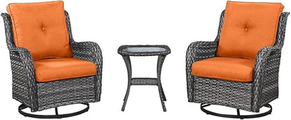 HUMMUH 3-Piece Swivel Rocking Rattan Chair Outdoor, Patio Bistro Furniture Conversation Set, Cushioned Wicker Chair with Glass Coffee Table(Grey, Orange)