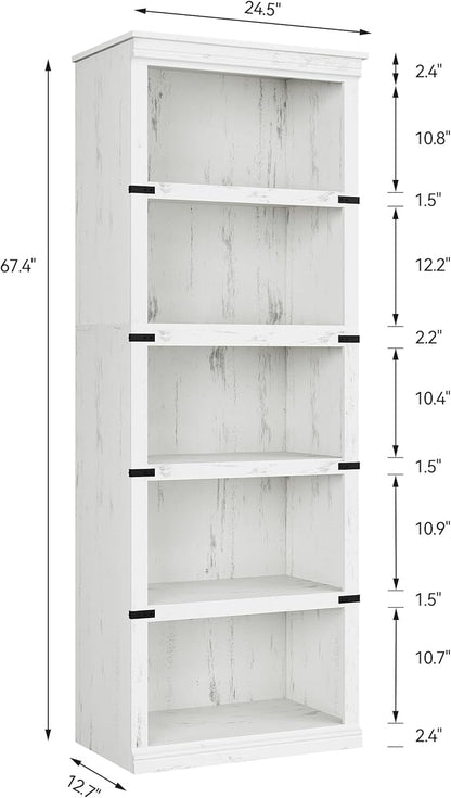 IDEALHOUSE 5 Tier Bookcase, Farmhouse Book Shelf with Storage, Tall Book Case Wooden 5 Shelf Bookcase for Home Office, Living Room, Bed Room (White, 67.4" H x 24.6" W x 12.8" D)