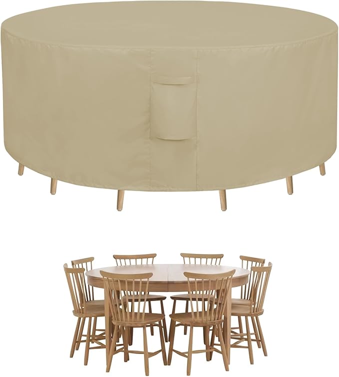 Easy-Going Round Patio Furniture Cover Waterproof Outdoor Dining Table and Chair Cover Anti-UV Outside Sectional Sofa Set Covers (96"DIA x 28"H, Camel)