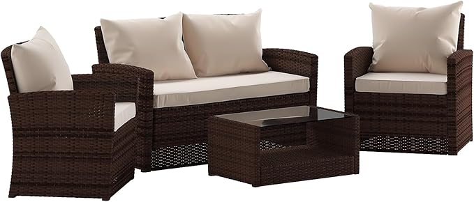 Flash Furniture Aransas Series 4 Piece Brown Patio Set with Beige Back Pillows and Seat Cushions