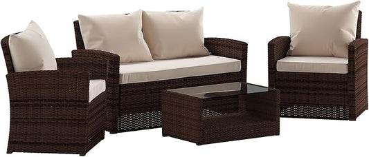 Flash Furniture Aransas Series 4 Piece Brown Patio Set with Beige Back Pillows and Seat Cushions