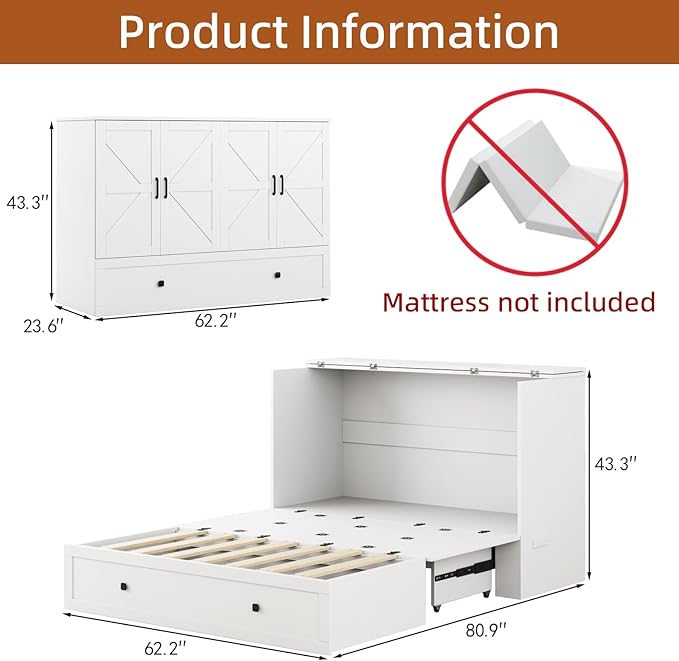 Murphy Bed Queen with Storage & Charging Station, Murphy Cabinet with Foldable Panel, Noisy Free, for Guest Bedroom, Living Room, Office, Distressed White