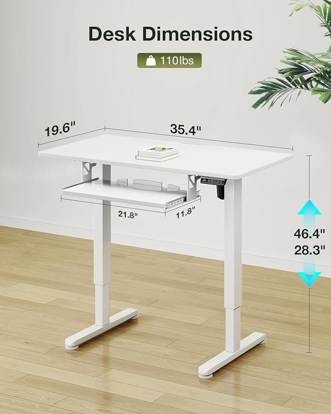 Casaottima Electric Standing Desk with Keyboard Tray, 35 Inch Height Adjustable Small Table, Sit Stand Table, Writing Computer Desk for Home, Office, Workstation, White