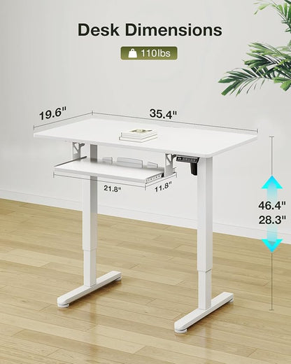 Casaottima Electric Standing Desk with Keyboard Tray, 35 Inch Height Adjustable Small Table, Sit Stand Table, Writing Computer Desk for Home, Office, Workstation, White