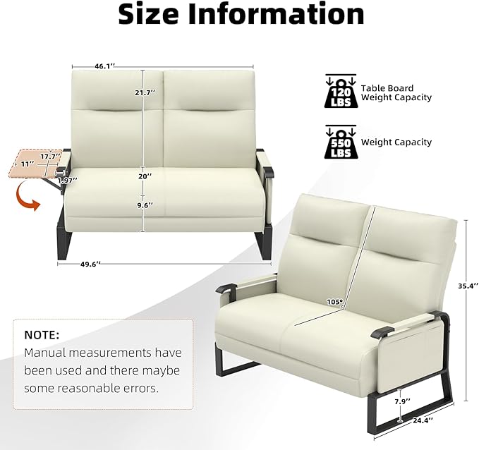 Faux Leather Loveseat, Upholstered Loveseat with Side Tray Table & Storage Pocket, Small Loveseat for Living Room, Modern 2 Seater Sofa Couch for Small Spaces, Bedroom, Beige