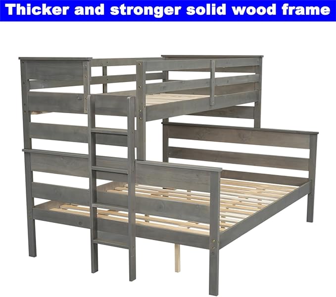 Upgraded Version Thicken Solid Wood Twin XL Over Queen Bunk Bed, Stronger Queen Size Bunk Bed Frame, Convertible into 2 Beds for Adult, Easy to Assemble (Grey,Twin XL Over Queen)