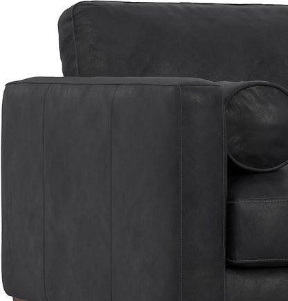 SIMPLIHOME Morrison Accent Chair - 43 inch Wide Upholstered Top Grain Genuine Leather Mid-Century Modern Arm Chair with Solid Wood Frame in Lead Black, for Living Room with 2 Bolster Pillows