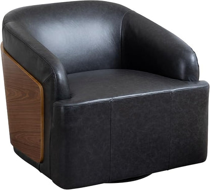Genuine Leather Swivel Accent Chair Swivel Barrel Chair Comfortable Mid Century Modern Chair Upholstered Metal Base Armchair for Living Room Bedroom Office Large Vintage Black