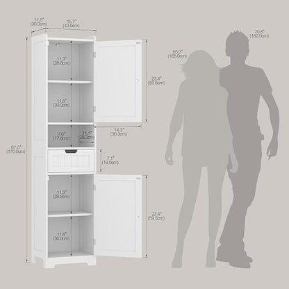 Tall Bathroom Storage Cabinet, 67" Narrow Storage Cabinet with Adjustable Shelves 2 Doors and 1 Drawers Modern Cabinet for Bathroom, Entryway, Living Room, Kitchen (White)