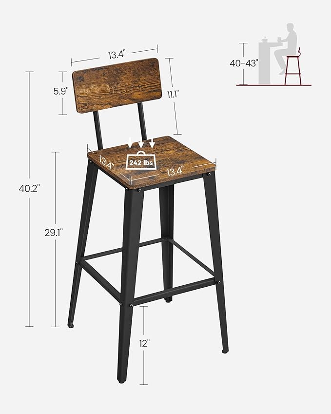 VASAGLE Set of 4 Bar Stools, Bar Height Stools, 29.1 Inches Tall Barstools with Back, Counter Bar Chairs for Kitchen Island, Steel Frame, Industrial Style, Easy Assembly, Rustic Brown and Ink Black