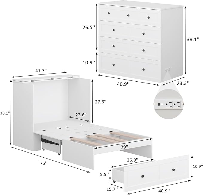 Twin Murphy Bed with Built-in Charging Station, Space-Saving Murphy Bed Chest Twin with Drawer, Foldable, for Home Office Guest Room Bedroom White