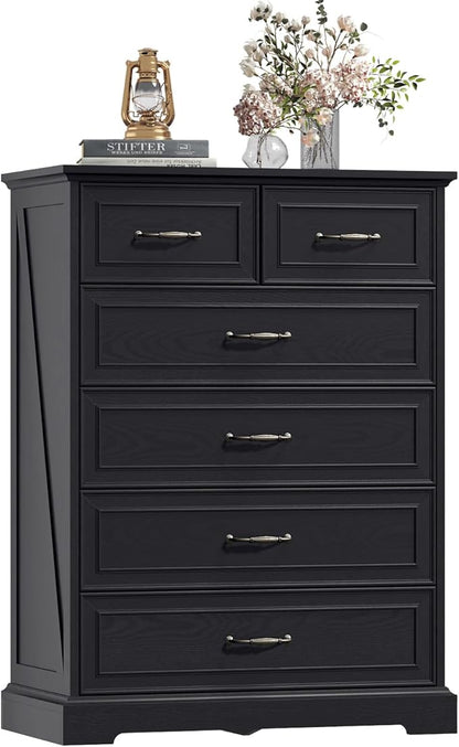 6 Drawer Dresser for Bedroom, 43" Tall Wooden Chest of Drawers, Rustic Farmhouse Dresser with Large Drawers & Metal Handles, Modern Storage Organizer for Closet, Living Room, Hallway, Black