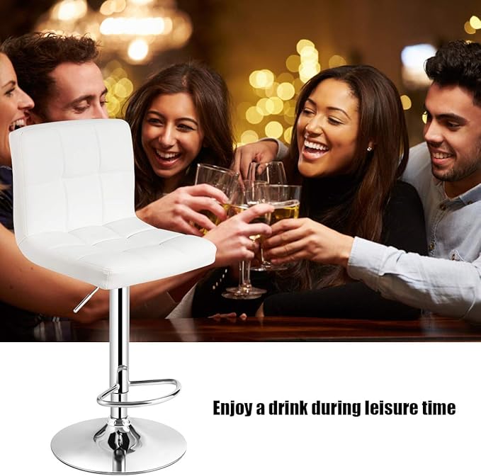 COSTWAY Bar Stool, Modern Swivel Adjustable Height PU Leather Barstools with Back, Square Armless Counter Height Bar Chair for Kitchen Island Dining Living Bistro Pub Counter, White