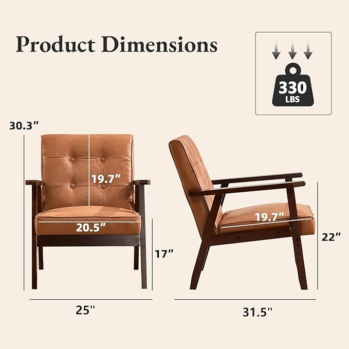 Bonzy Home Mid Century Modern Accent Chair Set of 2 for Living Room, Upholstered Faux Leather Armchair Comfy Retro Bedroom Side Chair with Solid Wood Frame, Orange