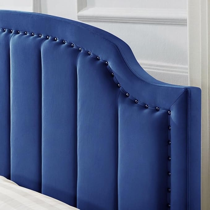 24KF Upholstered Channel Pattern King Headboard with Silver Nailhead Trim, Comfy Velvet Headboard King/CA King, 6052-K-Navy