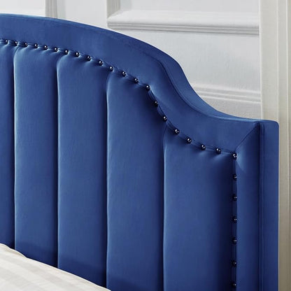 24KF Upholstered Channel Pattern King Headboard with Silver Nailhead Trim, Comfy Velvet Headboard King/CA King, 6052-K-Navy