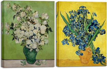 Wieco Art 2 Piece Irises in Vase Floral Canvas Prints Wall Art by Van Gogh Classic Artwork Famous Oil Paintings Reproduction on Canvas for Home Decor Modern Wrapped Flowers Pictures