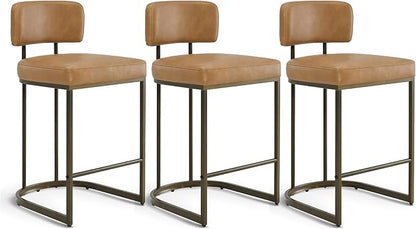 26" H Counter Height Bar Stools Set of 3, Modern Faux Leather Upholstered Barstools with Backrest for Kitchen Island, Gold Metal Frames, Brown