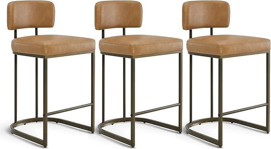 26" H Counter Height Bar Stools Set of 3, Modern Faux Leather Upholstered Barstools with Backrest for Kitchen Island, Gold Metal Frames, Brown