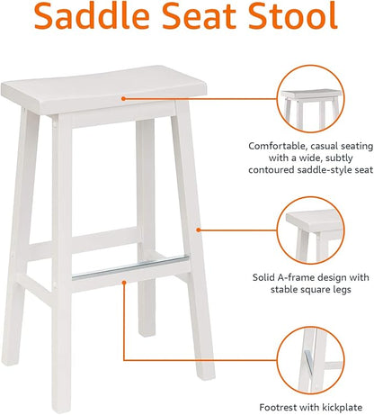 Amazon Basics Solid Wood Saddle-Seat Kitchen Counter Barstool with Footrest, Easy Assembly - 29-Inch Height - White - Set of 2