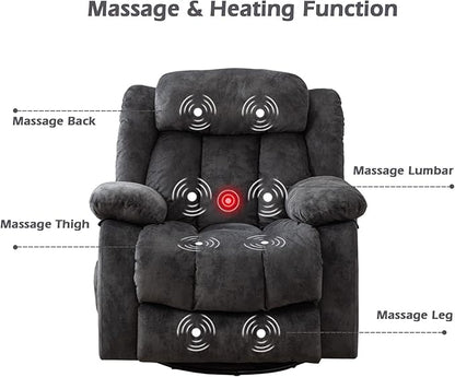 CANMOV Massage Swivel Rocker Recliner Chair with Heat and Vibration,360 Degree Manual Swivel Rocking Recliners with Side Pocket, Comfy Fabric Single Sofa Reclining Chair for Living Room, Grey