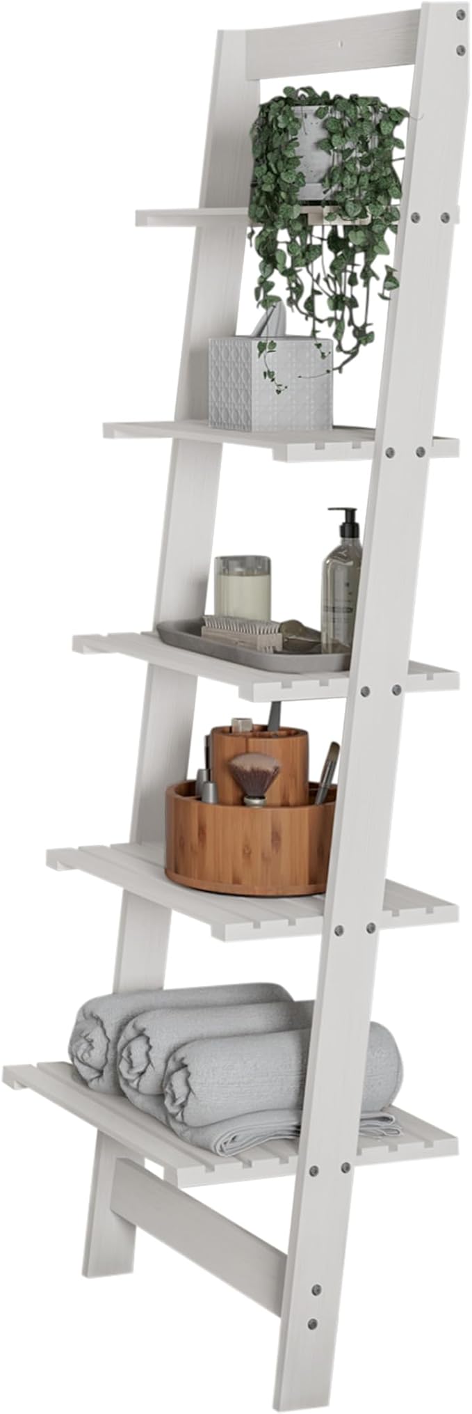 5-Tier Ladder Shelf - 50-Inch Narrow Leaning Bookshelf - Wooden Bookcase for Living Room, Bathroom, Kitchen, Office, or Bedroom Furniture by Lavish Home (White)