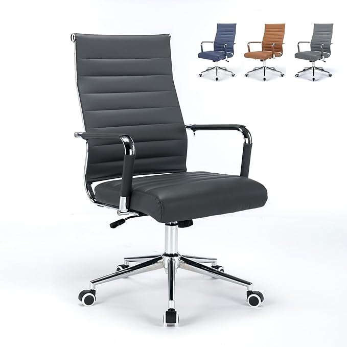 Office Desk Chair Leather, Conference Room Chairs with Wheels, Executive Modern High Back Ergonomic Swivel Rolling Ribbed Computer Chair