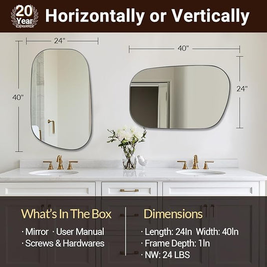 ANDY STAR 24"x40" Irregular Wall Mirror，Polished Chrome Asymmetrical Bathroom Mirror with Stainless Steel Metal Frame, Wall-Mounted Mirror for Bathroom, Entryway (Horizontal/Vertical)