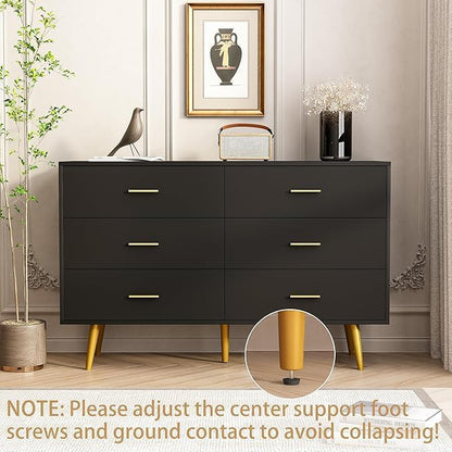 Dresser for Bedroom, 6 Drawer Black Wood Dresser with Golden Handles, Modern Wide Dressers & Chests of Storage Organizer Drawer for Entryway Hallway