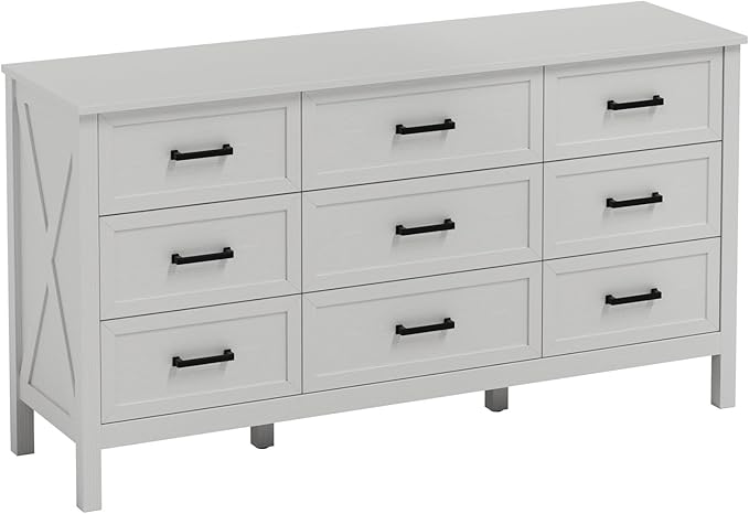LYNSOM Farmhouse 9 Drawers Dresser for Bedroom, 55" Wide Wood Rustic Chest of Drawers with Natural Texture, Metal Handle, Storage Dressers Organizer for Entryway, Hallway, White