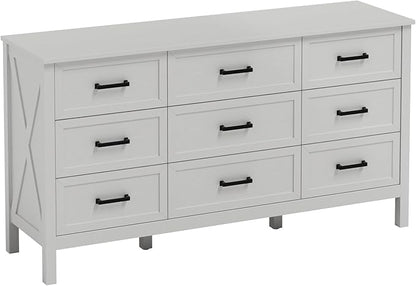 LYNSOM Farmhouse 9 Drawers Dresser for Bedroom, 55" Wide Wood Rustic Chest of Drawers with Natural Texture, Metal Handle, Storage Dressers Organizer for Entryway, Hallway, White