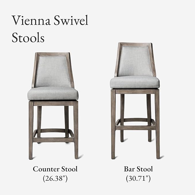 Maven Lane Vienna Counter Stools 26 Inches – Set of 3 – Swivel Stools with Footrests – Grey Solid Wood and Grey Fabric Upholstery – Ideal for Kitchen Islands and Counters