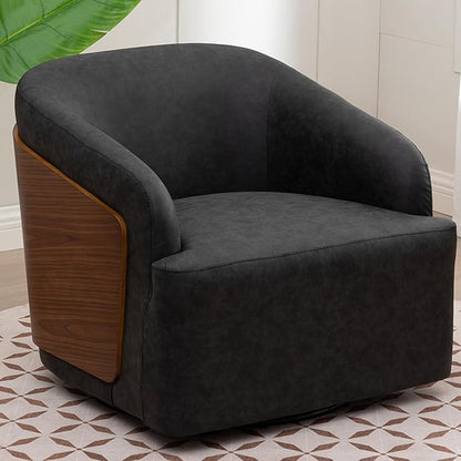 Swivel Accent Chair Faux Leather Swivel Barrel Chair Comfortable Mid Century Modern Chair Upholstered Metal Base Armchair for Living Room Bedroom Office Large Vintage Black