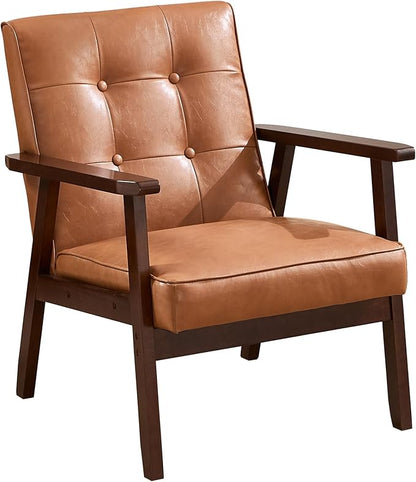 ANJ Mid Century Modern Accent Chair for Living Room, Tufted Faux Leather Armchair, Comfy Retro Bedroom Side Chair with Dark Wood Frame, Orange Brown