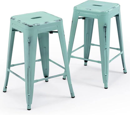 Vogue Furniture Direct 24 Inch Metal Bar Stools, Backless Counter Height Barstools, Indoor Outdoor Stackable Stools with Square Seat, Set of 2 (Distressed Mint Green)