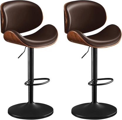 Furniliving Adjustable Bar Stools Set of 2, Swivel Bentwood Barstools Counter Height Bar Stools, Ergonomic Modern Bar Stools with Back Upholstered Barstools for Dining Room, Kitchen, Bar, Brown, PU