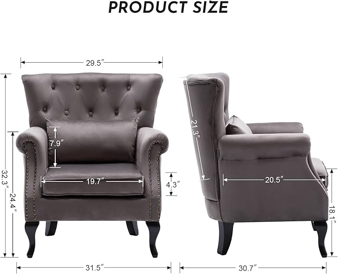 Accent Reading Arm Chairs Set of 2 for Living Room Bedroom, Midcentury Modern Comfy Corner Sofa Chair, Wingback Waiting Room Club Chair with Button Tufted Back &Lumbar Pillow, Velvet Grey