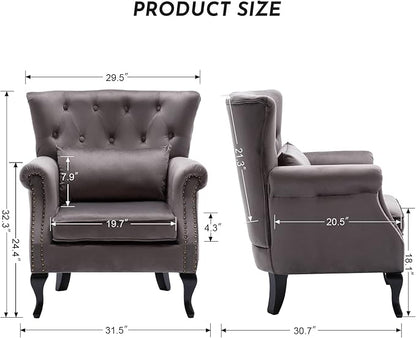 Accent Reading Arm Chairs Set of 2 for Living Room Bedroom, Midcentury Modern Comfy Corner Sofa Chair, Wingback Waiting Room Club Chair with Button Tufted Back &Lumbar Pillow, Velvet Grey