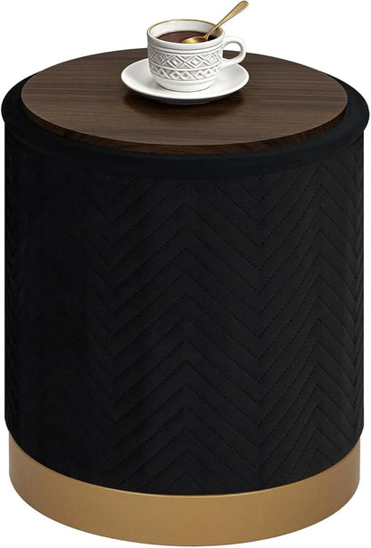 B FSOBEIIALEO Ottoman with Stroage, Round Velvet Storage Ottoman with Gold Plating Base,Foot Rest Stool for Dorm Room, Living Room Black, 14.76"x14.76"x16.35"