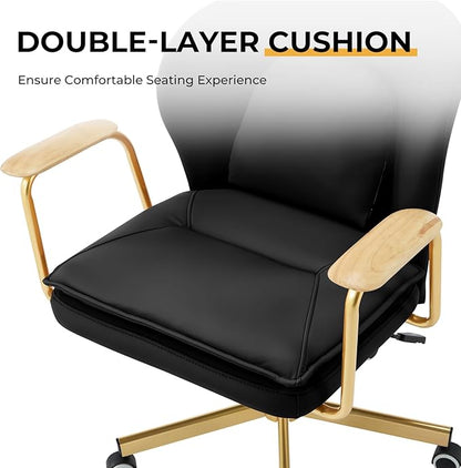 Furniliving Leather Office Chairs,Gold Office Chair, Adjustable Swivel Computer Chair with Golden Legs and Wooden Padded Armrest, Modern Upholstered Task Chair with Wheels,Black
