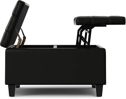 SIMPLIHOME Harrison 30 inch Wide Transitional Square Small Coffee Table Storage Ottoman in Midnight Black Vegan Faux Leather, Assembled, for The Living Room and Bedroom