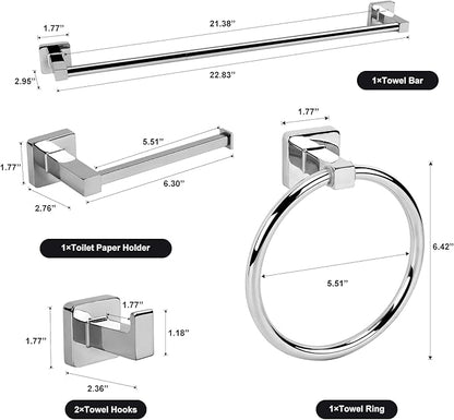 5 Pieces Polished Chrome Bathroom Hardware Accessories Set,Stainless Steel 23.6" Hand Towel Bar Set, Toilet Paper Holder, Towel Ring ，Towel Rack Set Silver