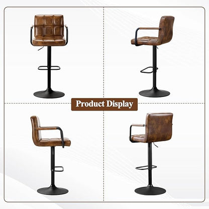 Furniliving Bar Stools Set of 2 with Back, Modern Square PU Leather Kitchen Stools with Armrest, Adjustable Counter Height Barstools for Kitchen Bar Pub Cafe (Yellowbrown)