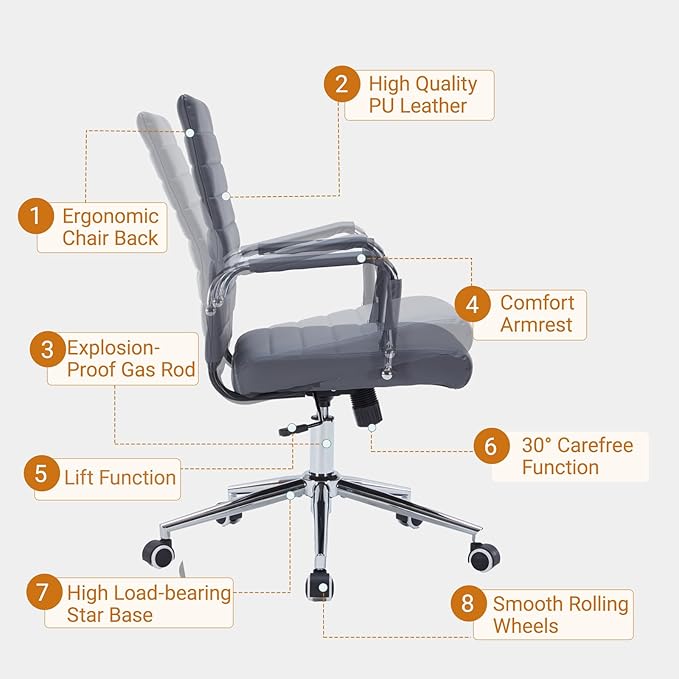 Sidanli Executive Desk Chair, Ergonomic PU Leather Conference Chair with Adjustable Lumbar Support and Rolling Wheels for Home Office Game Room, Mid Back, Gray