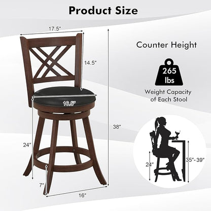 COSTWAY Bar Stool Set of 2 for Kitchen Island, Swivel Upholstered Counter Height Barstools with PU Surface, Rubber Wood Frame, 360° Rotatable Seat, Curved Back, Sturdy Footrest (2, 24" Seat Height)