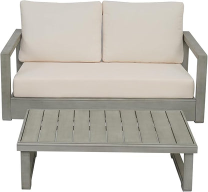 Christopher Knight Home Rammus 2 Pieces Outdoor Conversation Set, Acacia Wood Chat Set, Rectangular Coffee Table and Patio Loveseat Sofa, Slat Design Patio Furniture Set for Garden, Beige + Light Grey